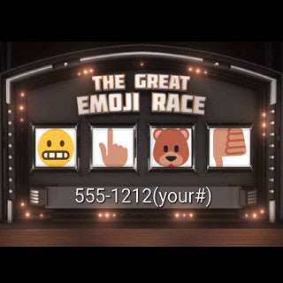 The Great Emoji Race marquee: four emoji panels and a phone number