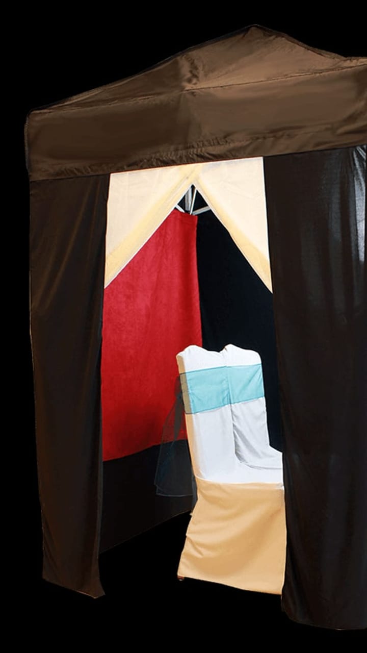 The enclosed photo booth set up and ready